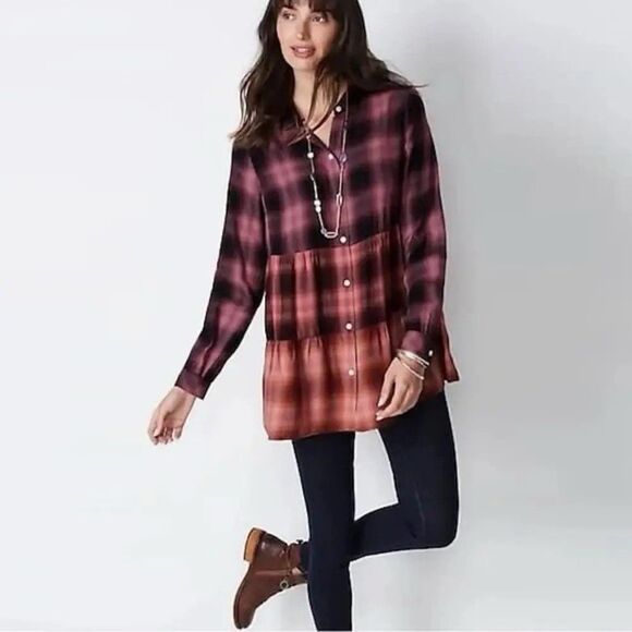 J Jill Brushed Cotton Modal Tiered Plaid Ombre Tunic Size M Medium EUC!!! - Picture 1 of 6